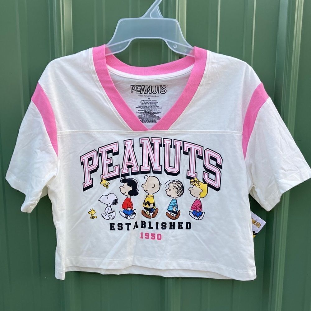 Women’s Juniors Peanuts Graphic Short Sleeve Cropped Jersey T-Shirt Size M